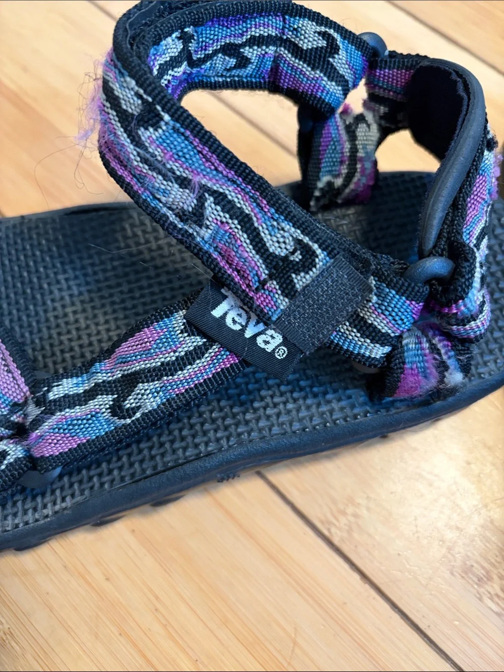 Teva Black Sandals with Purple, Pink and Blue Straps